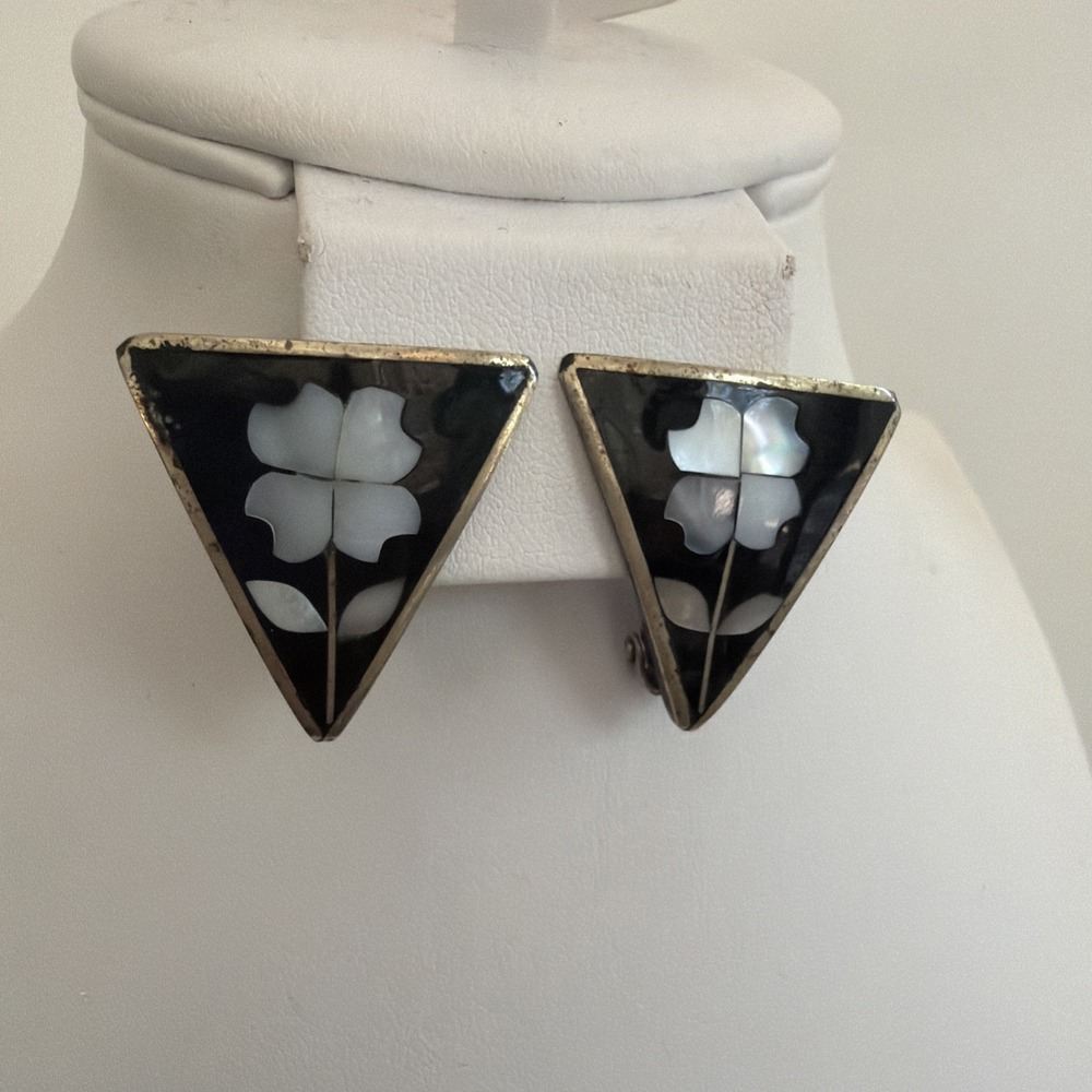 Vintage Alpaca Mexico Silver Abalone Flowers Inlay Clip-on Earrings